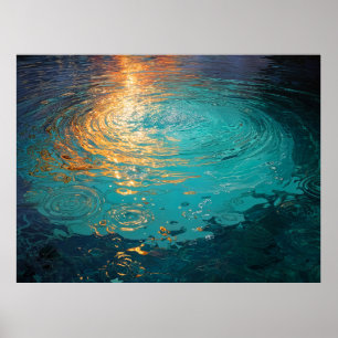Abstrakte Aqua-Wellen mit goldenem Sonnenlicht Poster