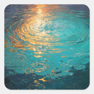 Abstrakte Aqua-Wellen mit goldenem Sonnenlicht Quadratischer Aufkleber