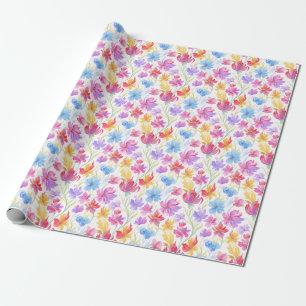 Abstrakte Aquarell-Blumen Rosa Blau Gelb Geschenkpapier