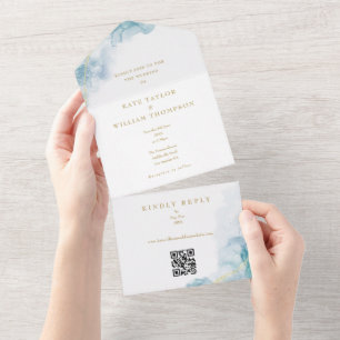 Abstrakte Aquarell-Gold-Glitter-QR-Code-Hochzeit All In One Einladung