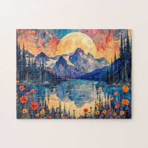 Abstrakte Aquarell-Illustration des Vollmonds über Puzzle