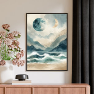 Abstrakte Aquarell-Küstenwellen-Leinwandkunst Leinwanddruck
