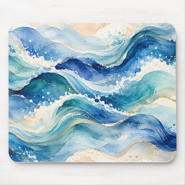 Abstrakte Aquarell-Ozeanwellen Mousepad (Vorne)