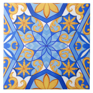 Abstrakte Aquarellblaue und goldene geometrische F Fliese