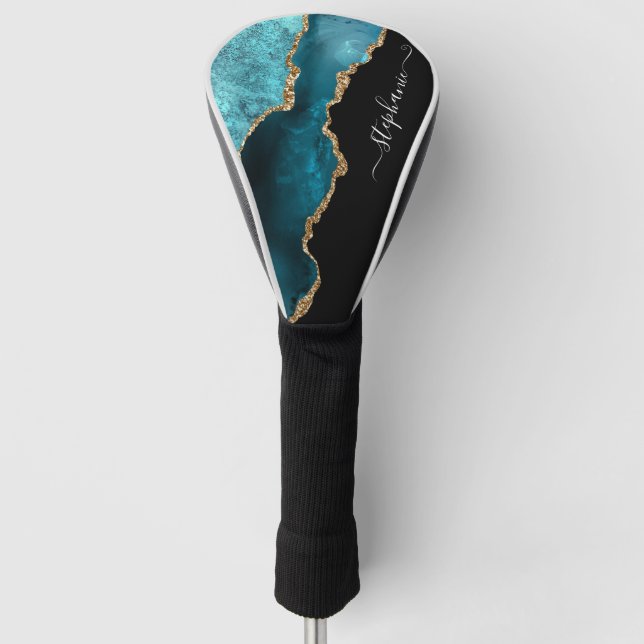 Abstrakte Aquarellfarbe Aquamarin Agate Gold Perso Golf Headcover (Vorderseite)
