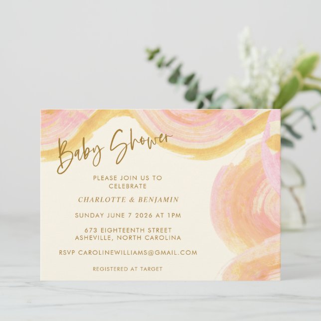 Abstrakte Aquarellfarbe Farbe Weich Rosa Kinderdus Einladung (Stehend Vorderseite)