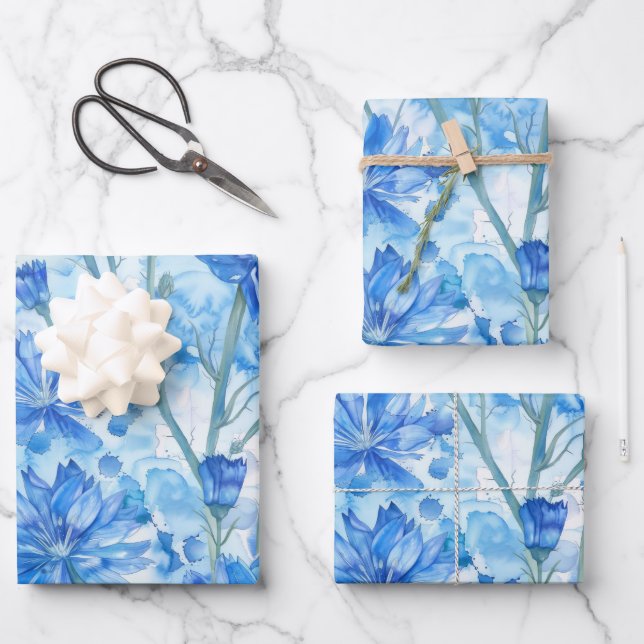 Abstrakte Aquarellfarben Blau und Weiß-Blume Geschenkpapier Set (Vorderseite)