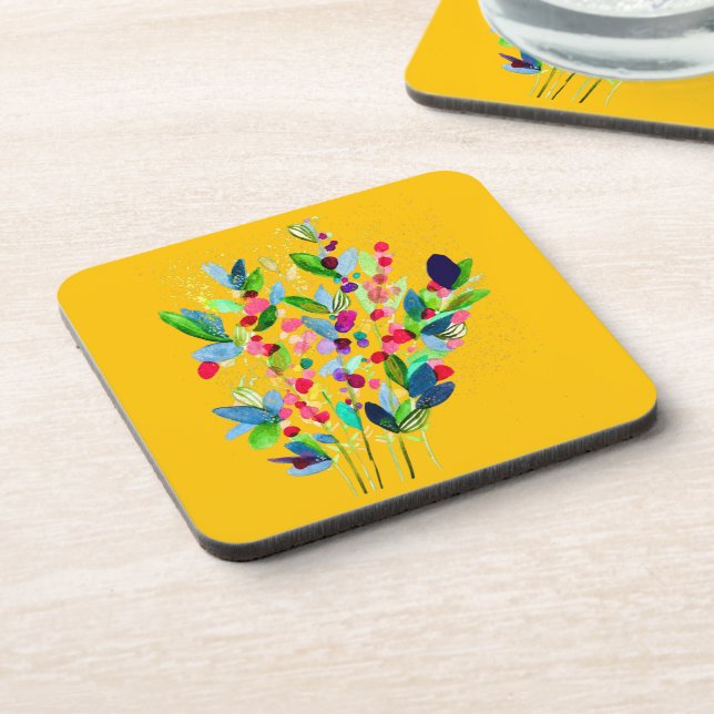 Abstrakte Aquarellfarben mit Blumen Getränkeuntersetzer (Linke Seite)