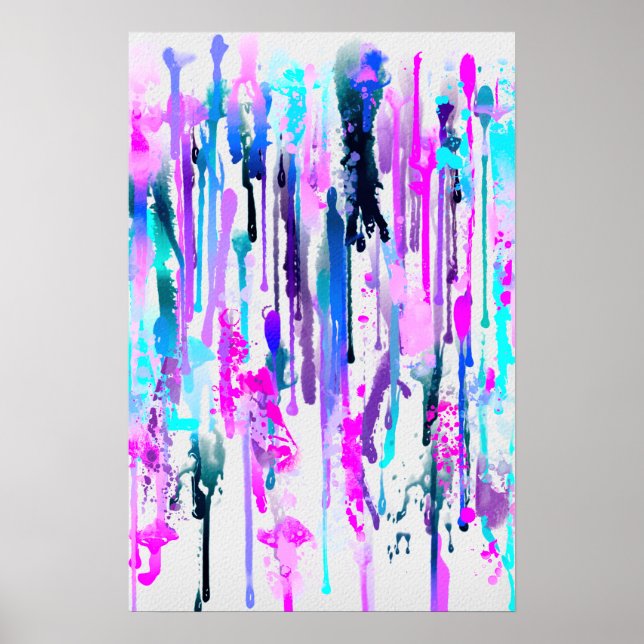 Abstrakte Aquarellfarben Tropfen Blau Türkis Rosa Poster (Vorne)