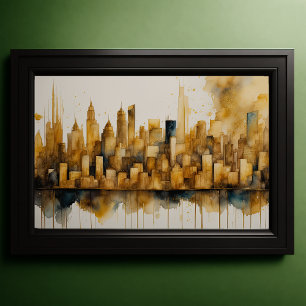 Abstrakte Aquarellmalerei Gold Citycape 3:2 Poster