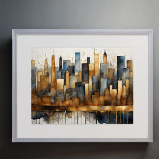 Abstrakte Aquarellmalerei Gold Citycape 4:3 Poster