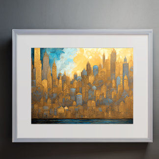 Abstrakte Aquarellmalerei Gold Citycape 4:3 Poster