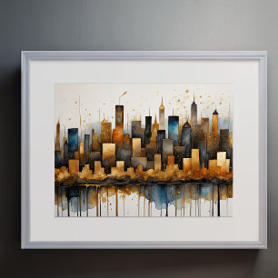 Abstrakte Aquarellmalerei Gold Citycape 4:3 Poster