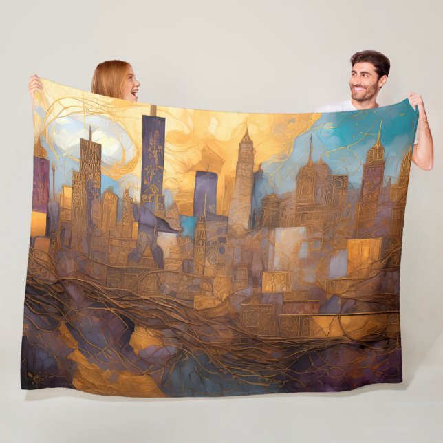 Abstrakte Aquarellmalerei Gold Citycape Fleecedecke (Beispiel)