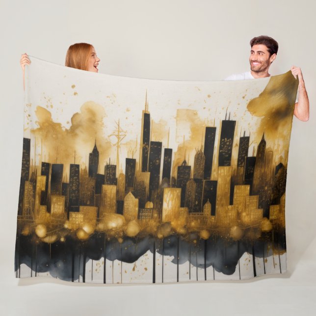 Abstrakte Aquarellmalerei Gold Citycape Fleecedecke (Beispiel)