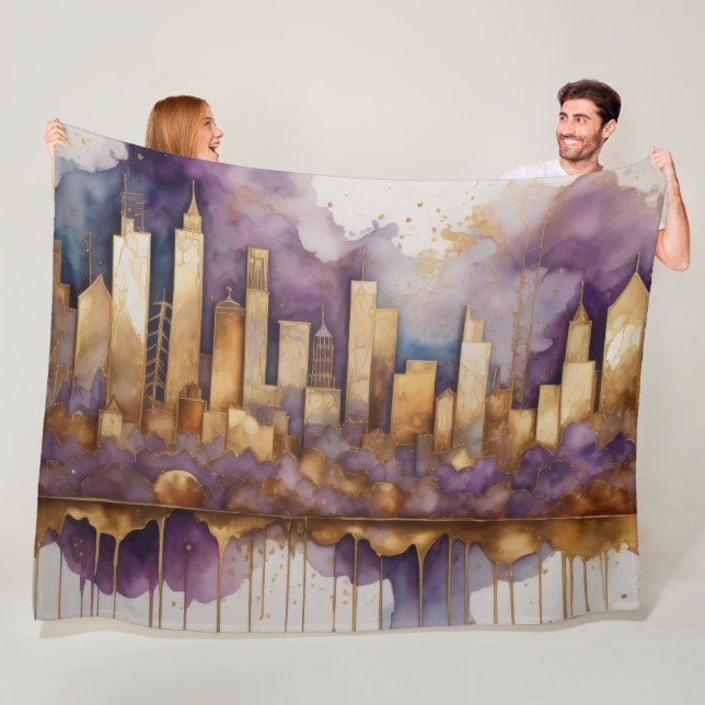 Abstrakte Aquarellmalerei Gold Citycape Lila Fleecedecke (Beispiel)