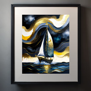 Abstrakte Aquarellmalerei Segelboot Nacht 4:5 Poster
