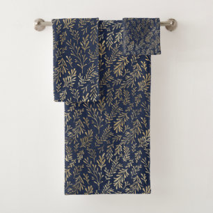 Abstrakte Art-Deco-Blätter in Blau und Gold Badhandtuch Set