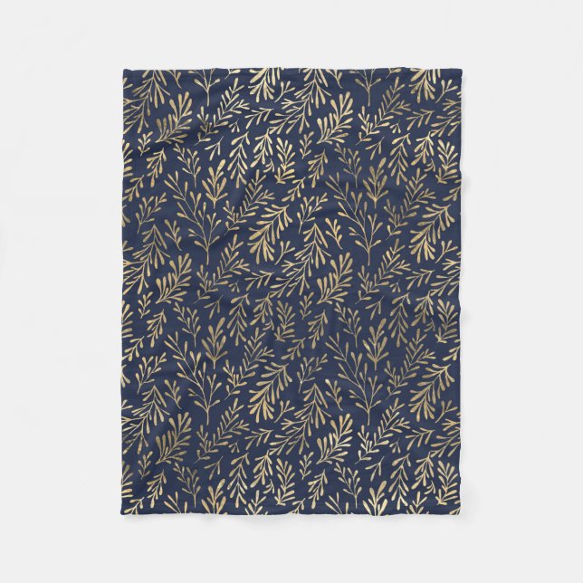 Abstrakte Art-Deco-Blätter in Blau und Gold  Fleecedecke (Vorderseite)