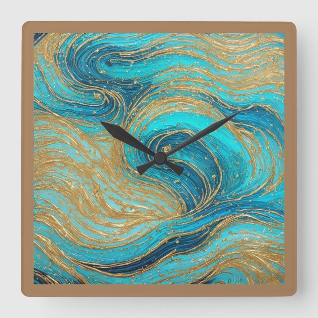 Abstrakte Art Paint Pour Aqua Blues Goldene Mauer Quadratische Wanduhr (Vorderseite)