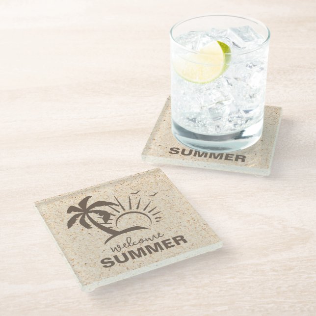 Abstrakte Ästhetik Moderner Sommerstrand Glasuntersetzer (Schrägansicht)
