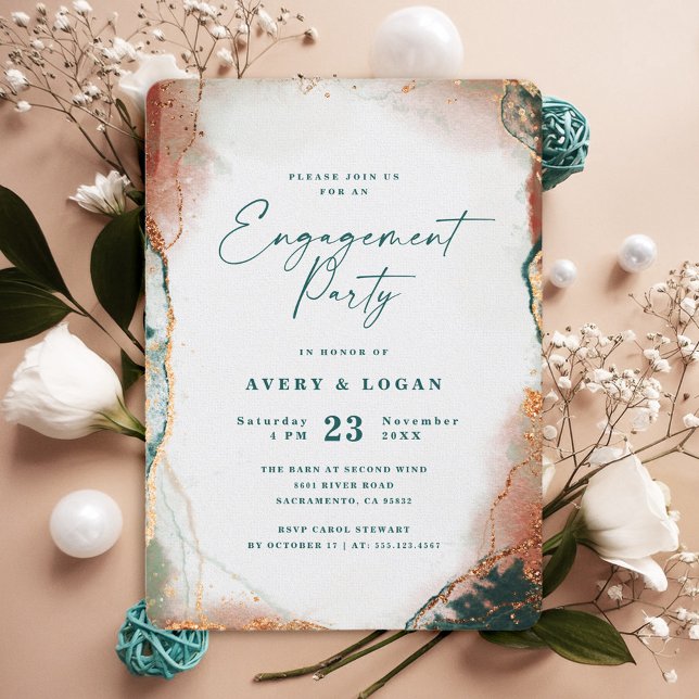Abstrakte ätherische Aquamarin- und Kupfer-Engagem Einladung (Teal and Copper Engagement Party Invitation)