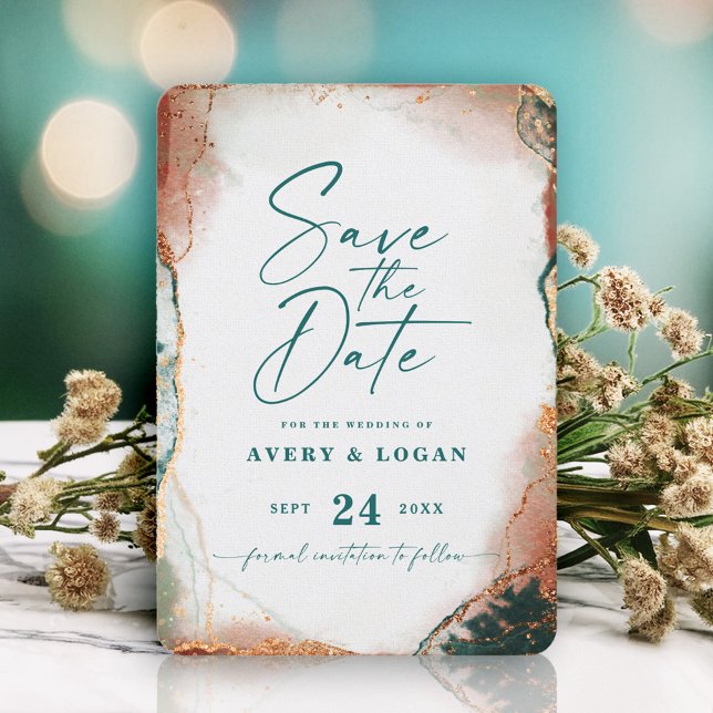 Abstrakte Ätherische Dunkle Aquamarine Hochzeit im Save The Date (A captivating save the date card featuring deep teal and shimmering copper accents.)