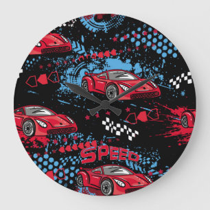 Abstrakte Autos, grunge-kindliches Muster. Große Wanduhr