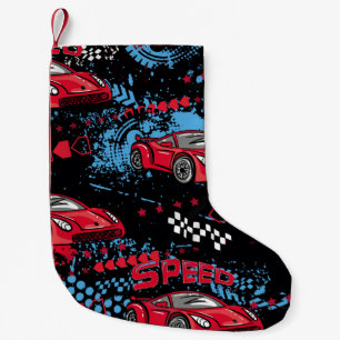 Abstrakte Autos, kindisches Grunge Muster. Kleiner Weihnachtsstrumpf
