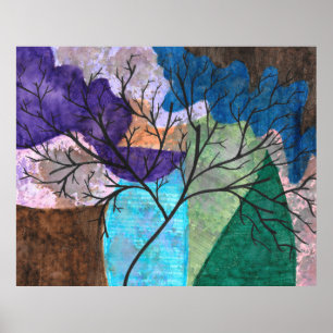 Abstrakte Baum-Silhouette auf farbenfrohem Wasserf Poster