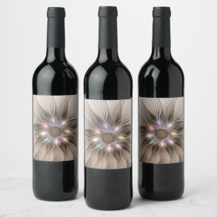 Abstrakte beigebraune florale Fraktal-Blume voller Weinetikett