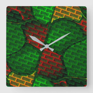 Abstrakte Bildmontage mit rot, grün, gelb Quadratische Wanduhr