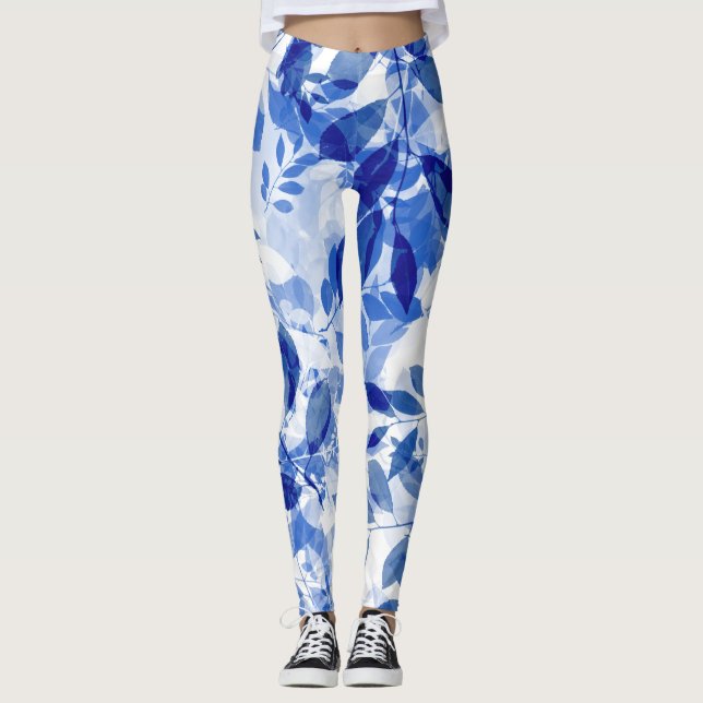 Abstrakte Blätter in Blau und Weiß Leggings (Vorderseite)