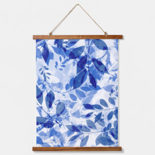 Abstrakte Blätter in Blau und Weiß Wandteppich Mit Holzrahmen
