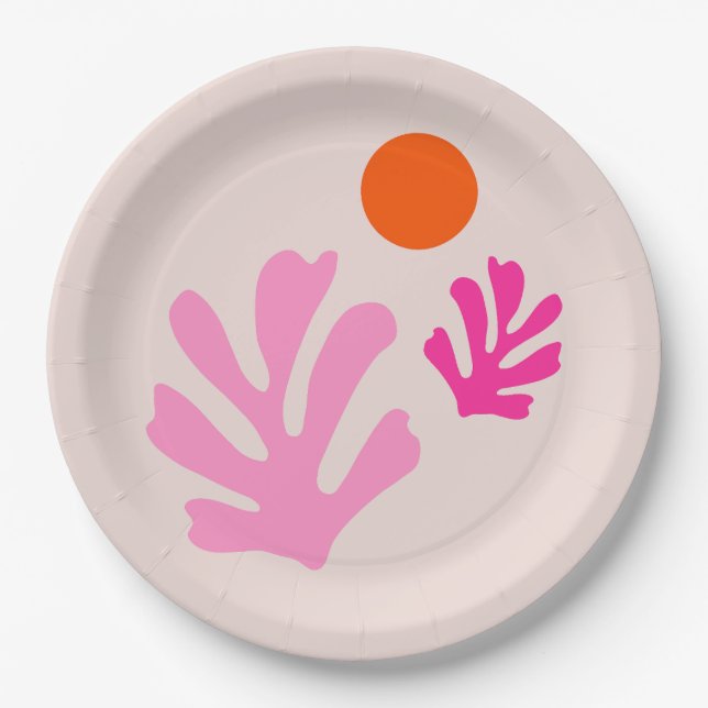 Abstrakte Blätter Rosa Orange Moderne Formen Schni Pappteller (Vorderseite)