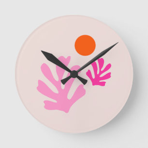 Abstrakte Blätter Rosa Orange Moderne Formen Schni Runde Wanduhr