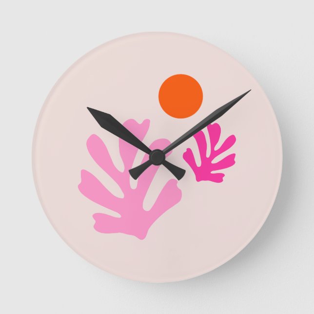 Abstrakte Blätter Rosa Orange Moderne Formen Schni Runde Wanduhr (Vorderseite)