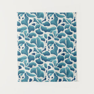 Abstrakte Blätter Weiß und Blau   Küstenmuster Wandteppich