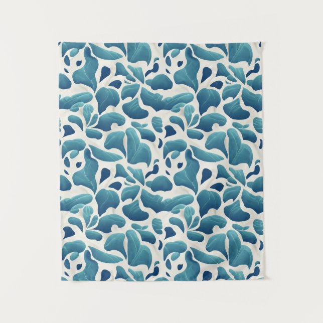 Abstrakte Blätter Weiß und Blau | Küstenmuster Wandteppich (Vorderseite)