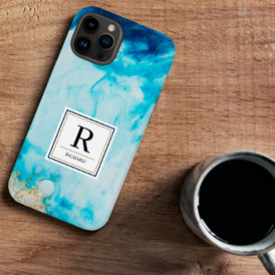 Abstrakte Blaue Aquarell-Gold-Glitter-Monogramm iPhone 14 Hülle