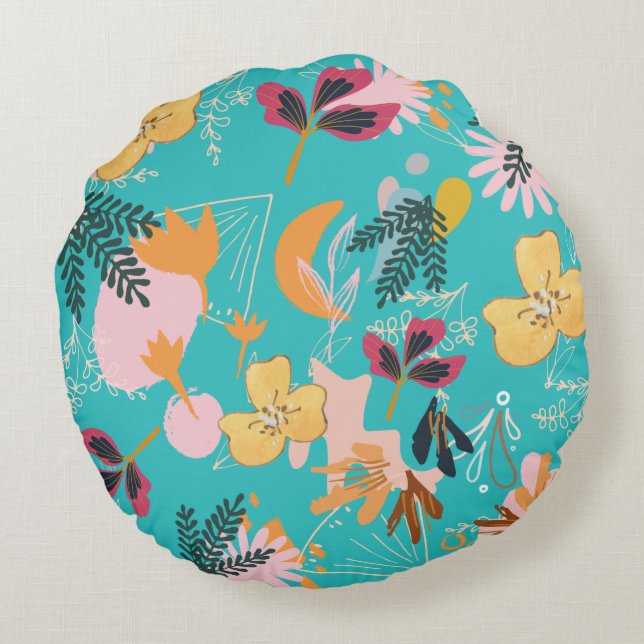 Abstrakte Blaue Blume Rundes Kissen (Rückseite)