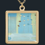 Abstrakte Blaue Eierparade Vergoldete Kette<br><div class="desc">In diesem abstrakten Gemälde von June Erica Vess werden blaue,  weiße und braune Eier auf Saiten ausgestellt. Dieses Stück ist in verschiedene Paneele unterteilt und weist verschiedene Blau- und Grüntöne auf. Bestelle noch heute!</div>