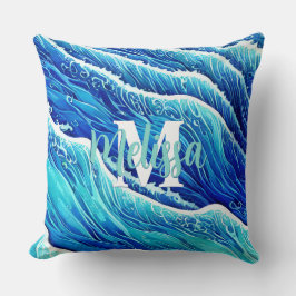 Abstrakte Blaue Ozeanwellen Mit Monogramm Kissen