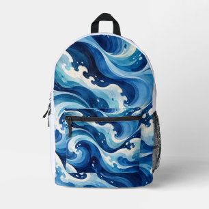 Abstrakte blaue Ozeanwellen Wasserfarbe Küsten-Wur Bedruckter Rucksack