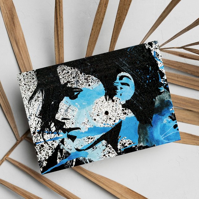 Abstrakte blaue Schwarz-weiße Postkarte (Abstract Blue Black White Girl Watercolor Art)