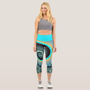 Abstrakte blaue Türkis orange Fraktal-Kunst-Spiral Capri Leggings