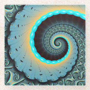 Abstrakte blaue Türkis orange Fraktal-Kunst-Spiral Glasuntersetzer