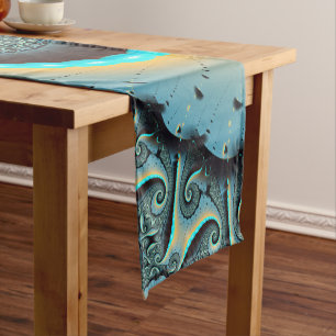 Abstrakte blaue Türkis orange Fraktal-Kunst-Spiral Kurzer Tischläufer