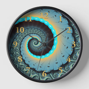 Abstrakte blaue Türkis orange Fraktal-Kunst-Spiral Uhr