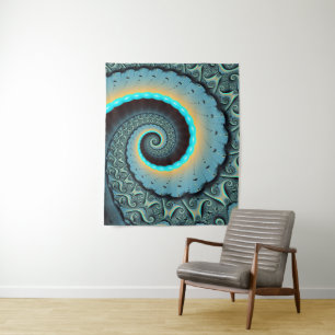 Abstrakte blaue Türkis orangefarbene Fraktal-Kunst Wandteppich